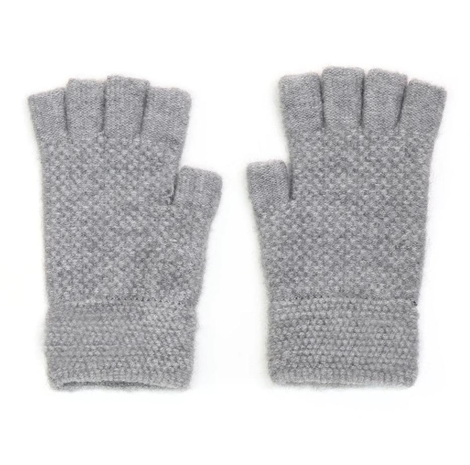 POM Light Grey Waffle Texture Knitted Fingerless Gloves