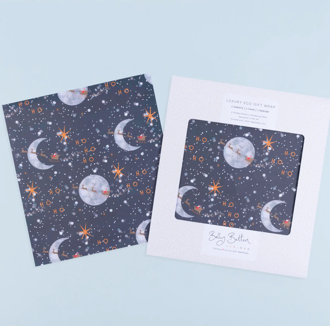Belly Button Eco Luxury Flatwrap Pack - Starry Night Santa Scene - Pk 4 Sheets & Tags on