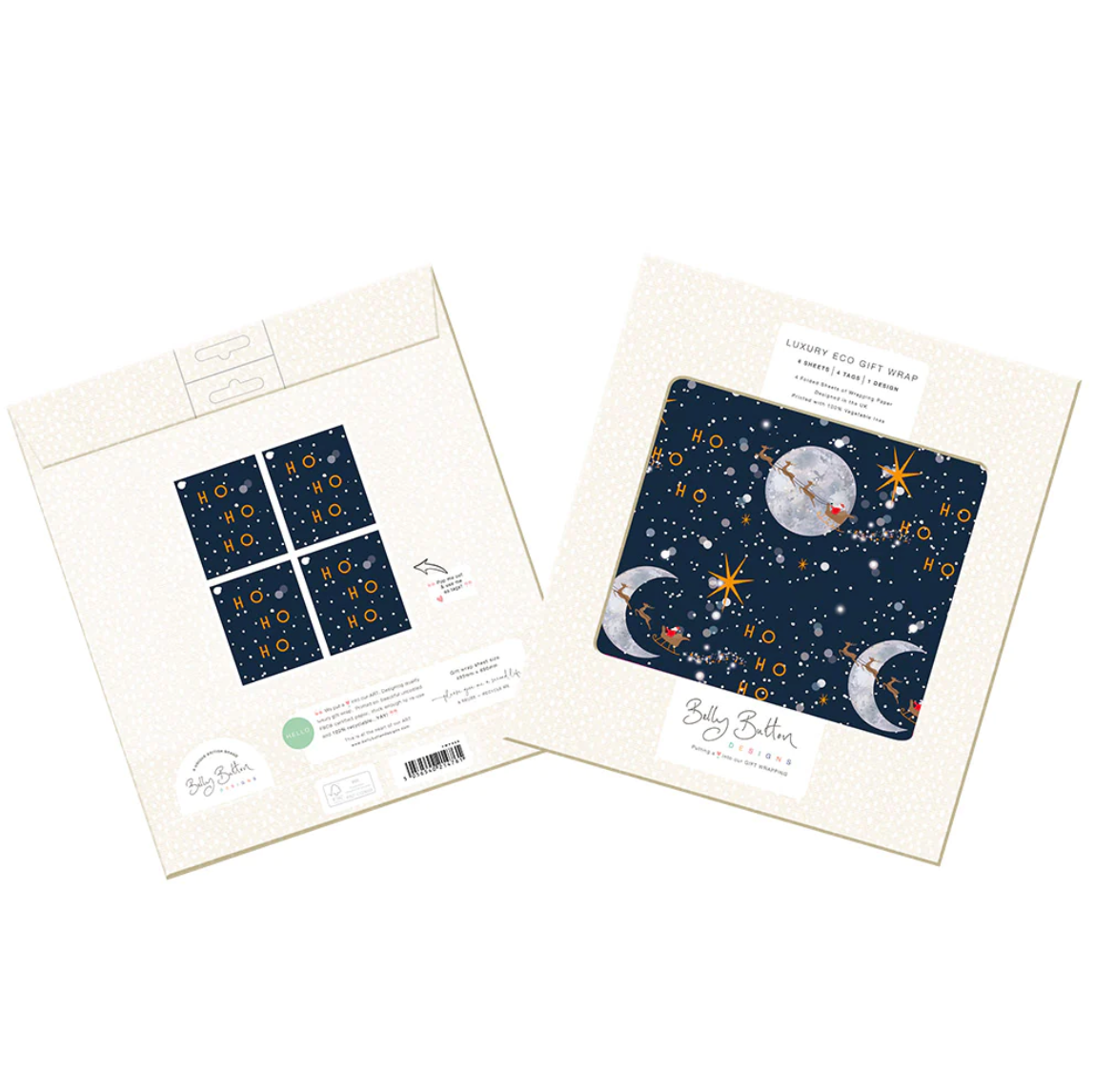 Belly Button Eco Luxury Flatwrap Pack - Starry Night Santa Scene - Pk 4 Sheets & Tags on