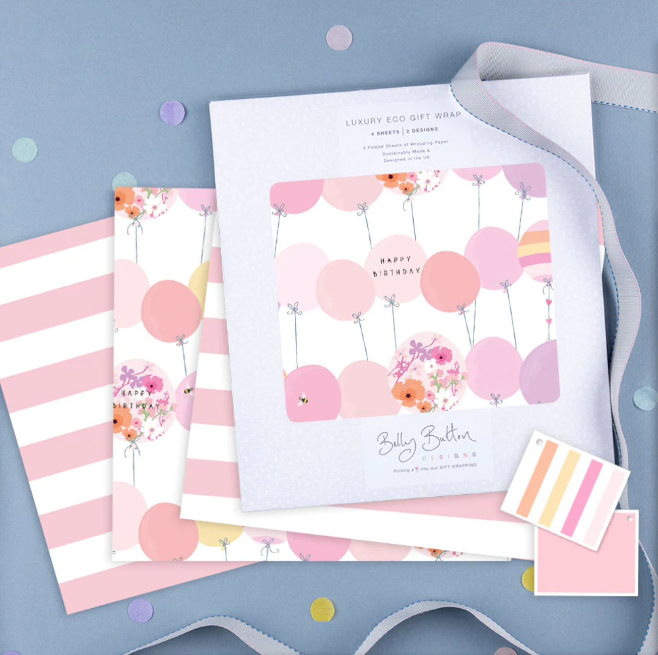 Belly Button Eco Luxury Flatwrap Pack - Pink Stripes & Balloons - Pk 4 Sheets & Tags on