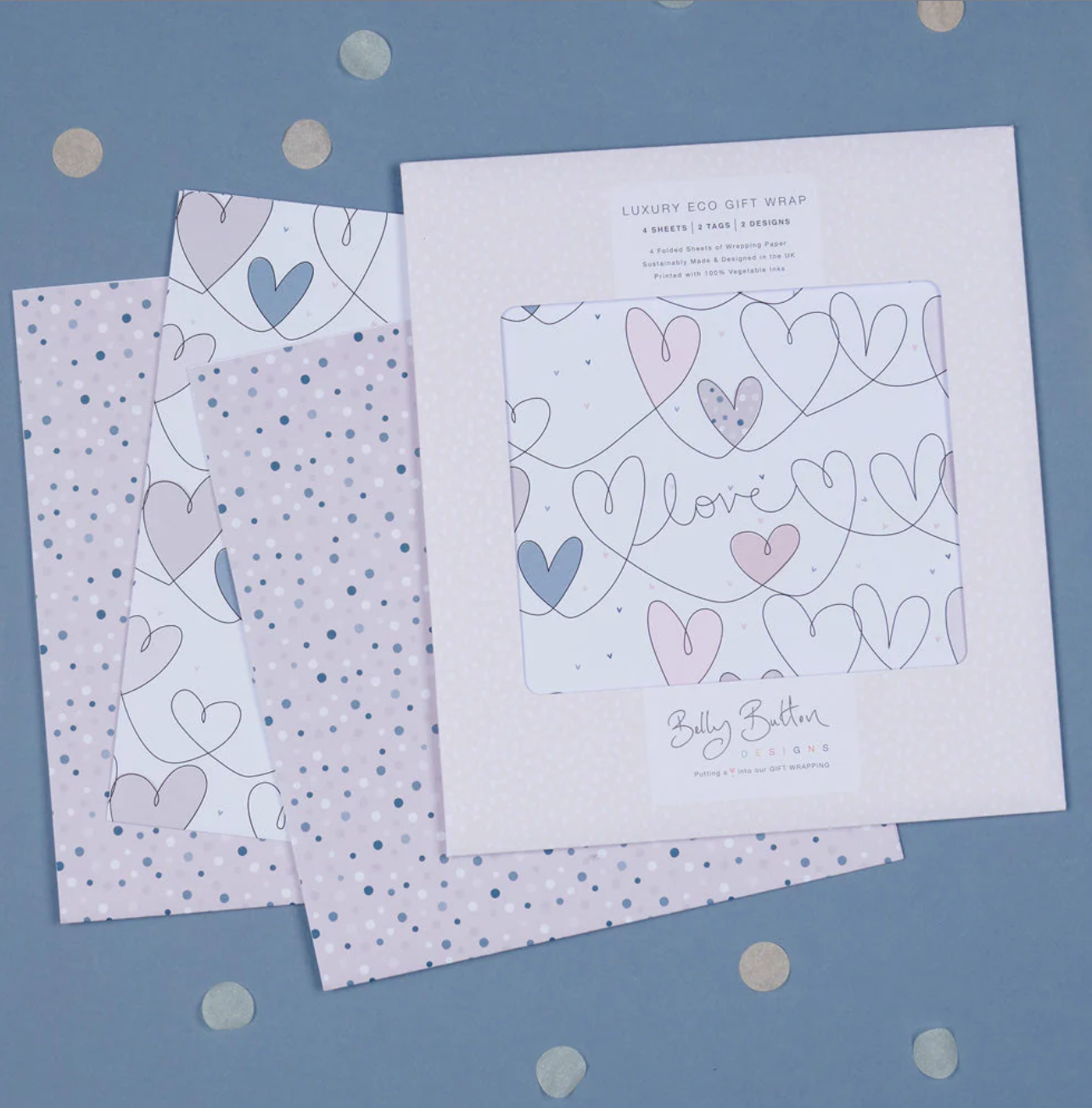 Belly Button Eco Luxury Flatwrap Pack - Spots & Hearts Love - Pk 4 Sheets & Tags on