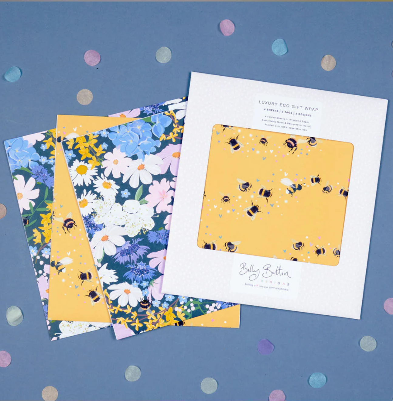 Belly Button Eco Luxury Flatwrap Pack - Flowers & Bee - Pk 4 Sheets & Tags on