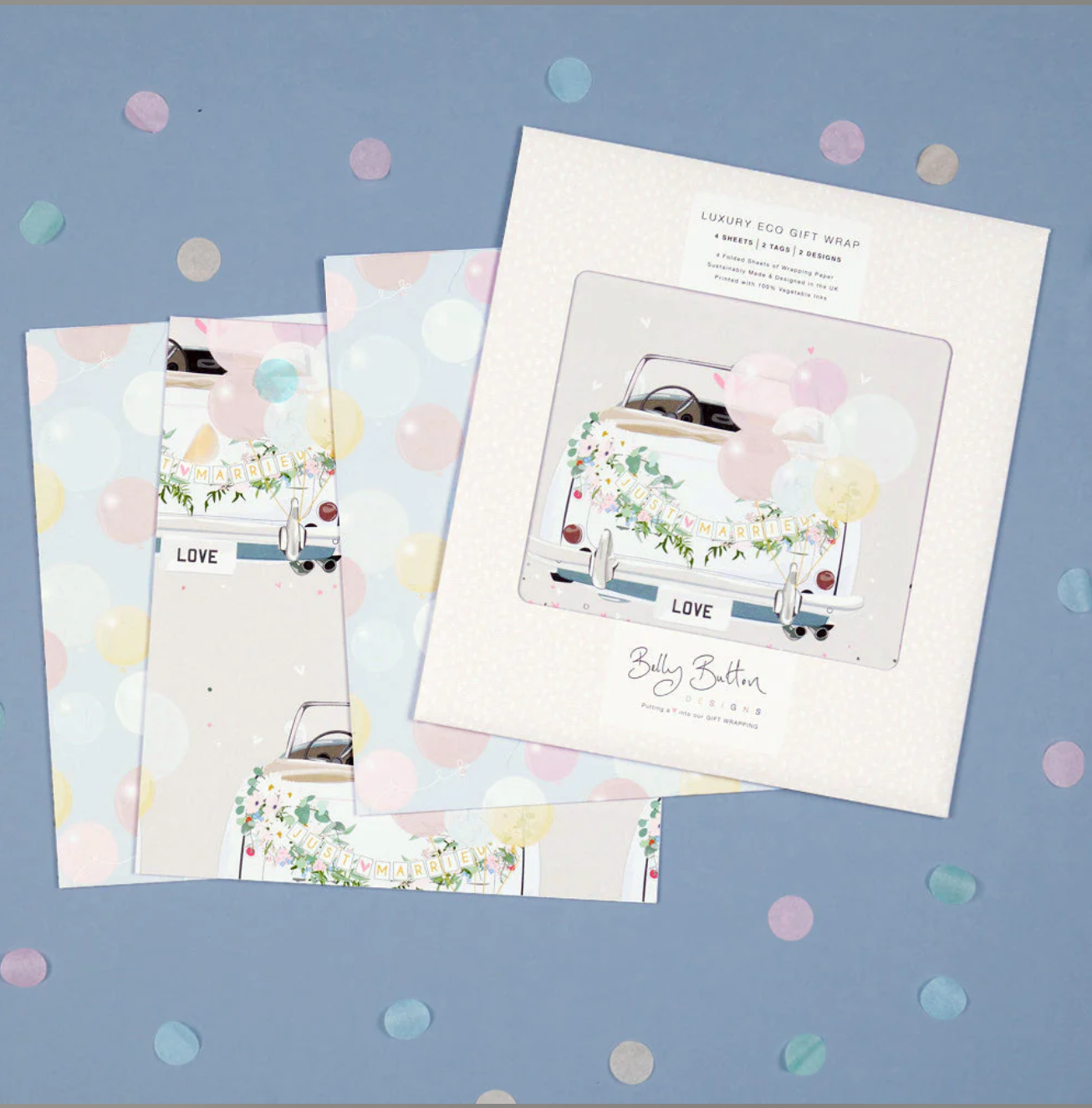 Belly Button Eco Luxury Flatwrap Pack - Wedding Car & Pastel Balloons - Pk 4 Sheets & Tags on