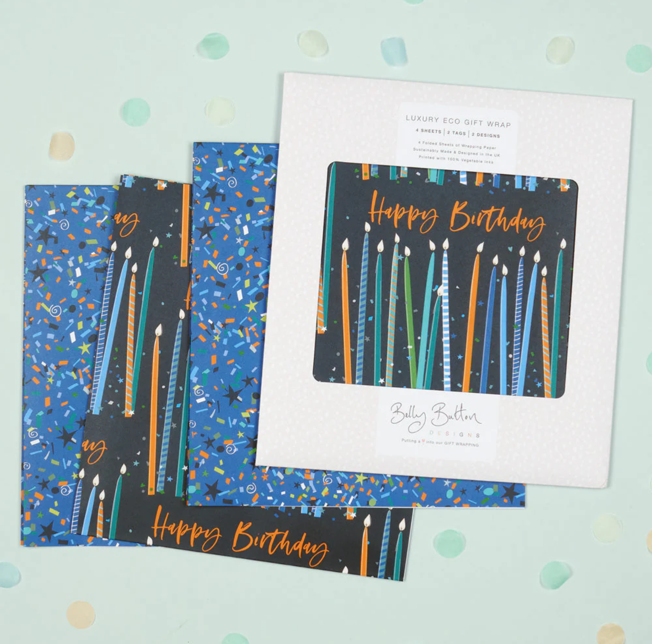 Belly Button Eco Luxury Flatwrap Pack - Candles & Confetti - Pk 4 Sheets & Tags on