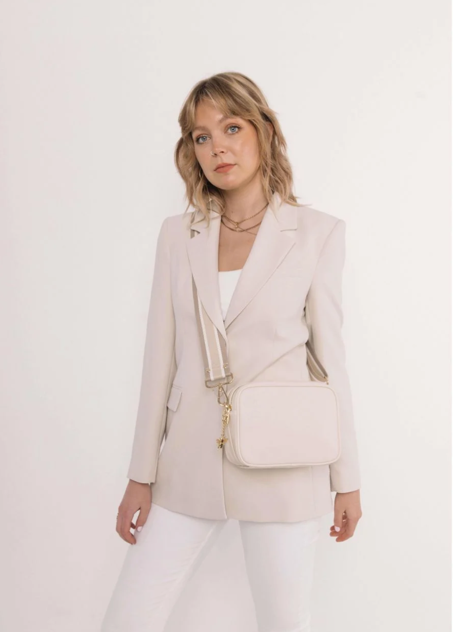 Alice Wheeler Pastel Cream Soho Double Zipped Crossbody Bag with Trio Stripe Bag Strap