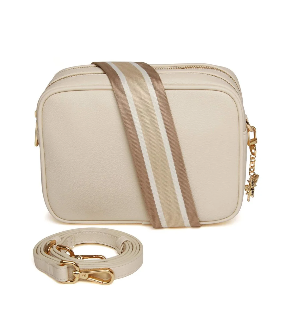 Alice Wheeler Pastel Cream Soho Double Zipped Crossbody Bag with Trio Stripe Bag Strap