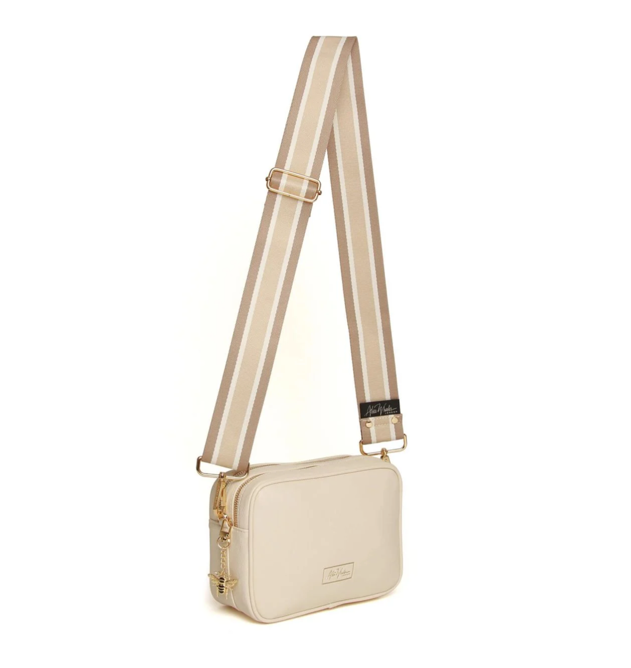 Alice Wheeler Pastel Cream Soho Double Zipped Crossbody Bag with Trio Stripe Bag Strap