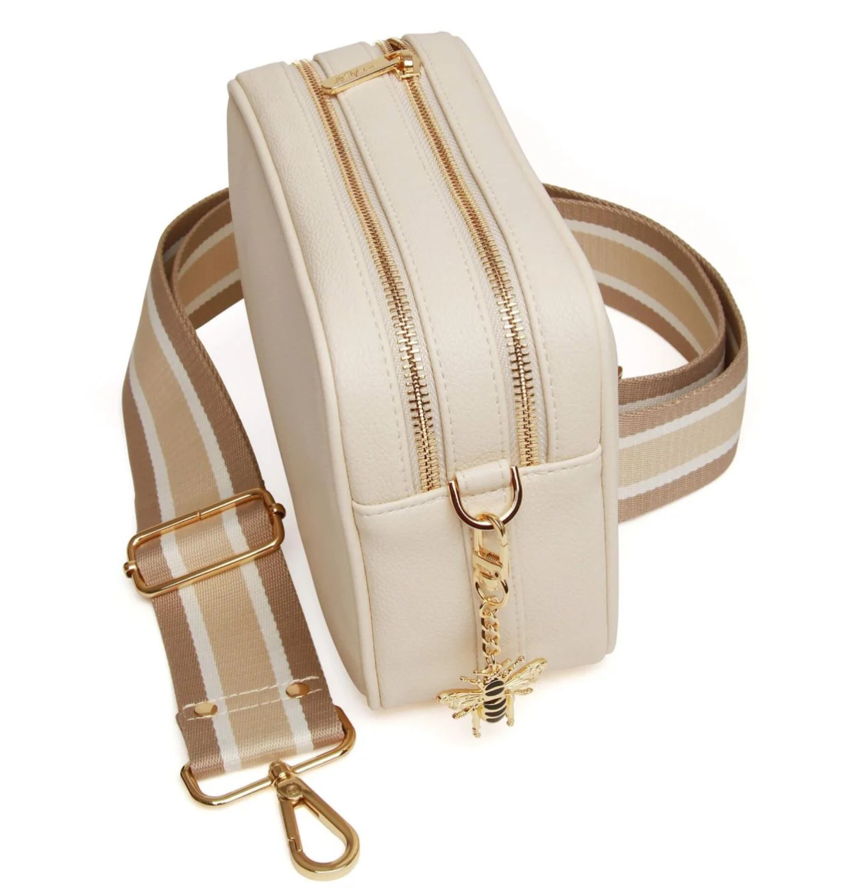Alice Wheeler Pastel Cream Soho Double Zipped Crossbody Bag with Trio Stripe Bag Strap