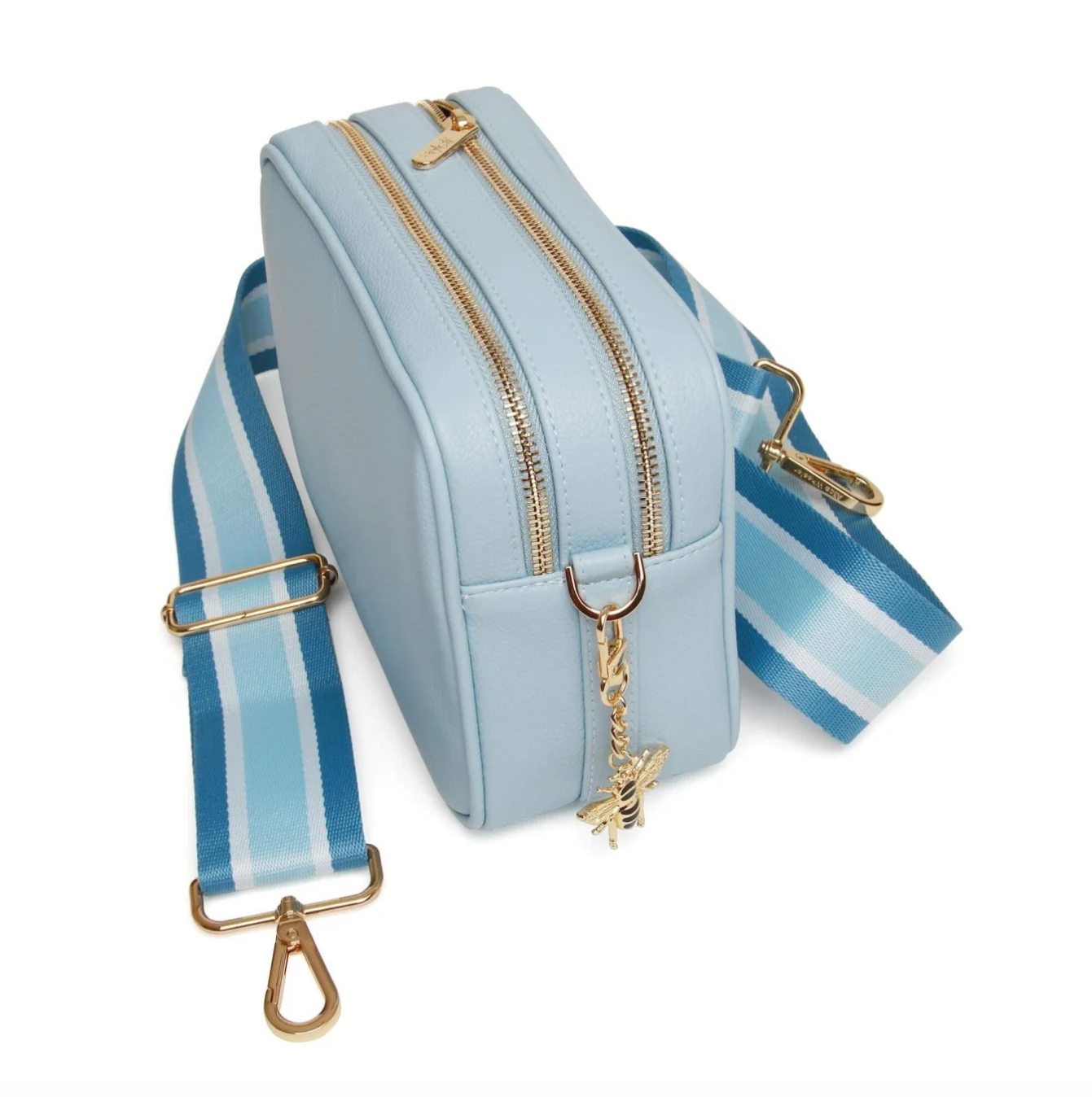 Alice Wheeler Pastel Blue Soho Double Zipped Crossbody Bag with Trio Stripe Bag Strap