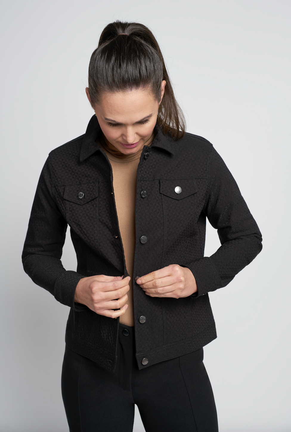 Printed black denim jacket online