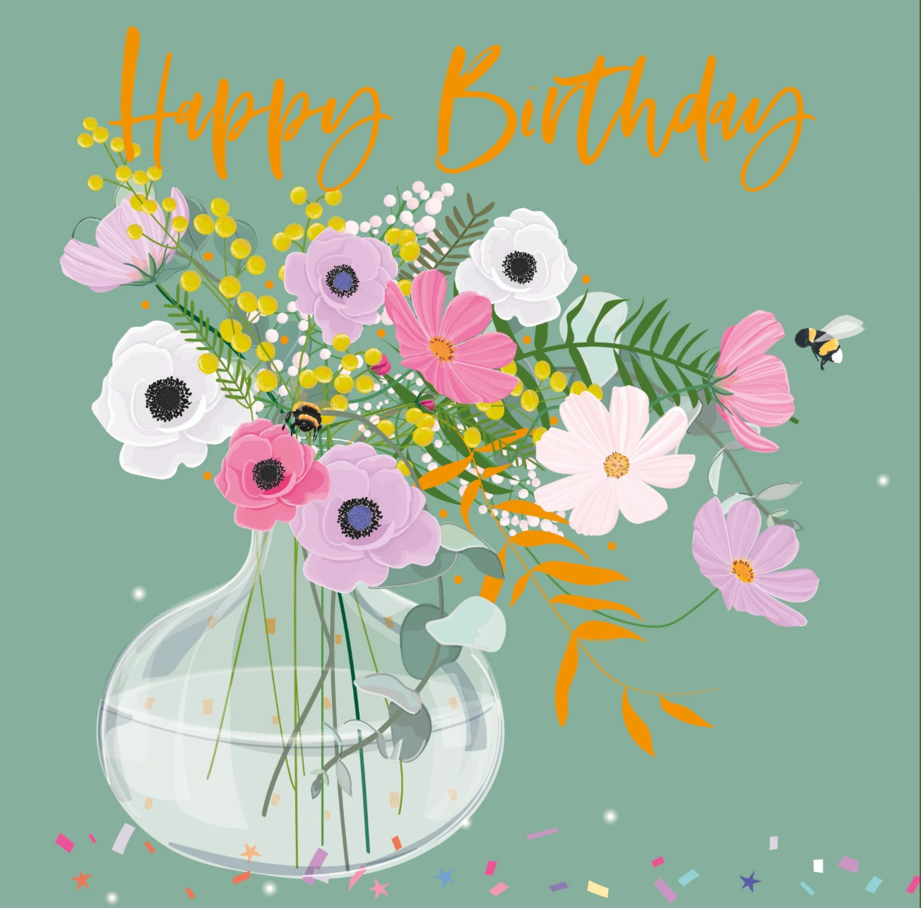 Belly Button Happy Birthday Flowers in Vase Green Card