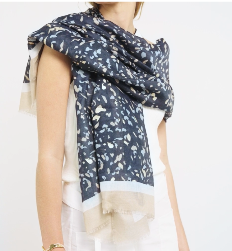 Katie Loxton Terrazzo Printed Foil Scarf -Navy, Light Taupe & Gold