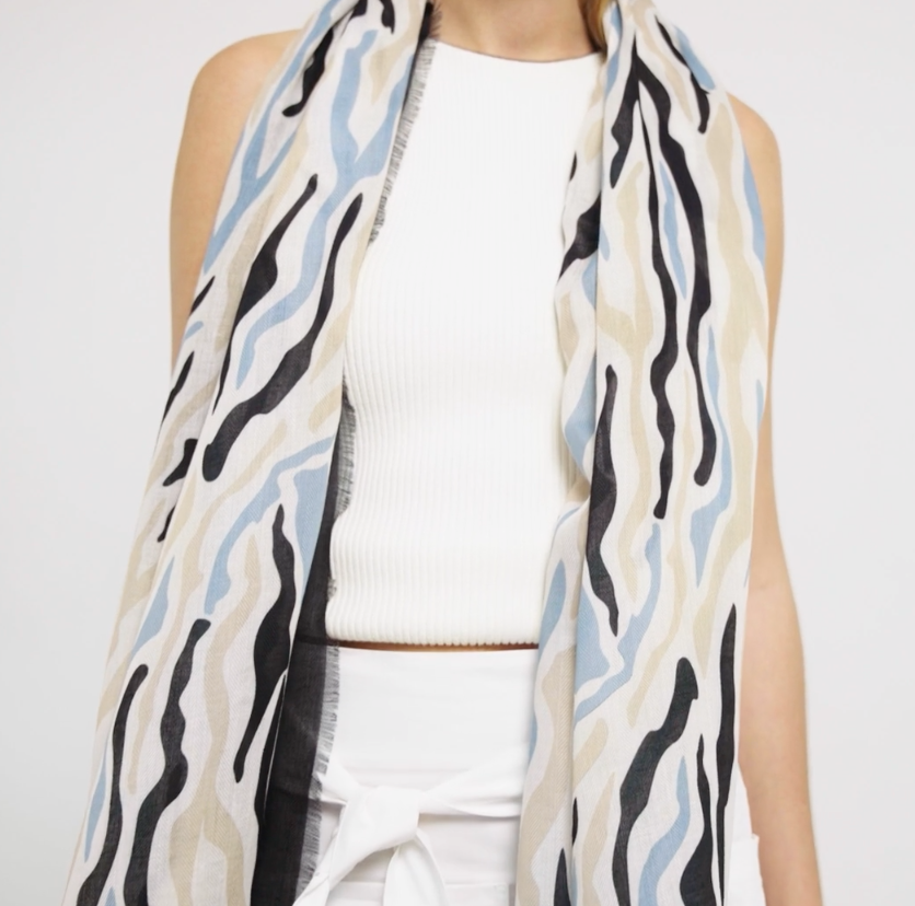 Katie Loxton Abstract Zebra Printed Scarf - Ecru, Blue & Black