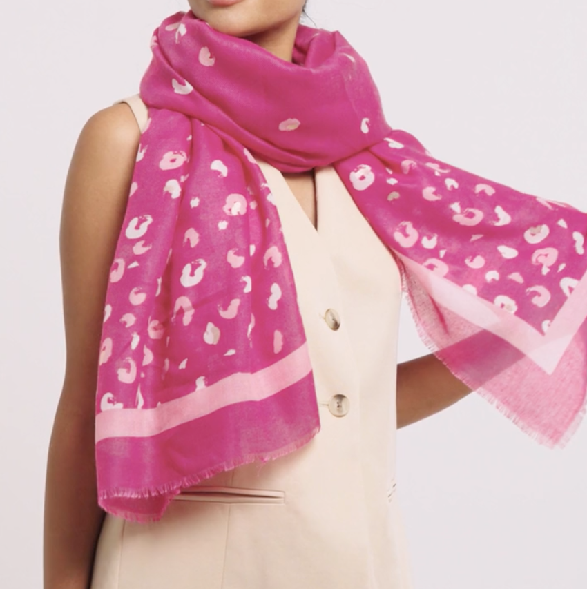 Katie Loxton Leopard Brush Stroke Printed Foil Scarf -Magenta, Off White & Rose Gold Foil