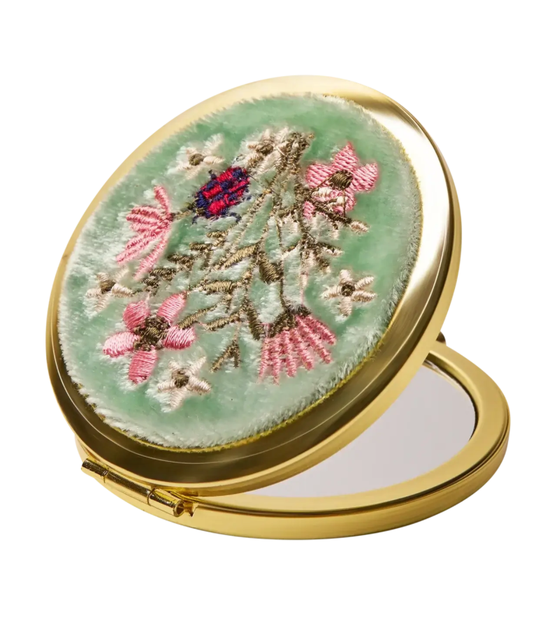 Powder Embroidered Round Compact Mirror - Flowers - Aqua Blue