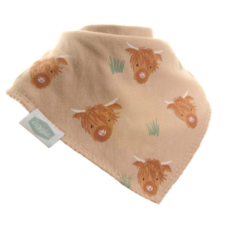 Ziggle Highland Cow Print Dribble Bib - Beige
