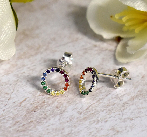 Kali Ma Callista 8mm Small Rainbow Circle Stud Earrings - Sterling 925 Silver
