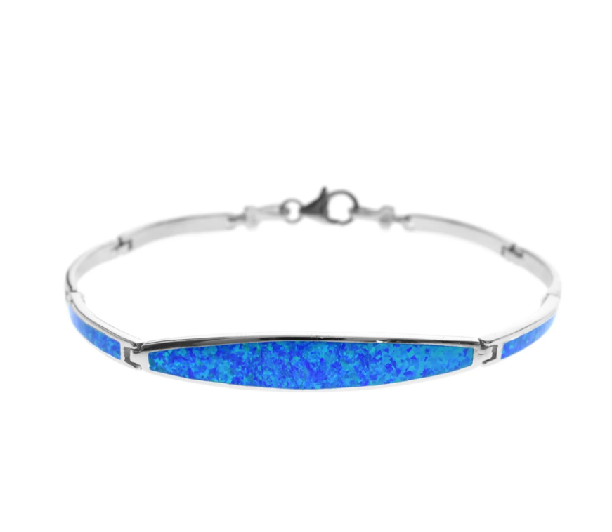 Kali Ma Celeste Blue Opal Hinged Bangle Style Bracelet - Sterling 925 Silver
