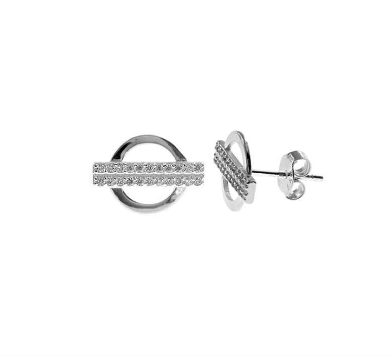 Kali Ma Circles with CZ-Set Cross Bar Stud Earrings - Sterling 925 Silver