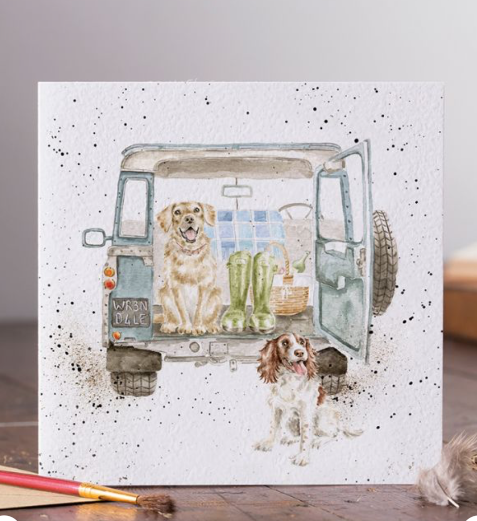 'Paws for a Picnic' Labrador & Spaniel Landrover Blank Card - Wrendale Designs