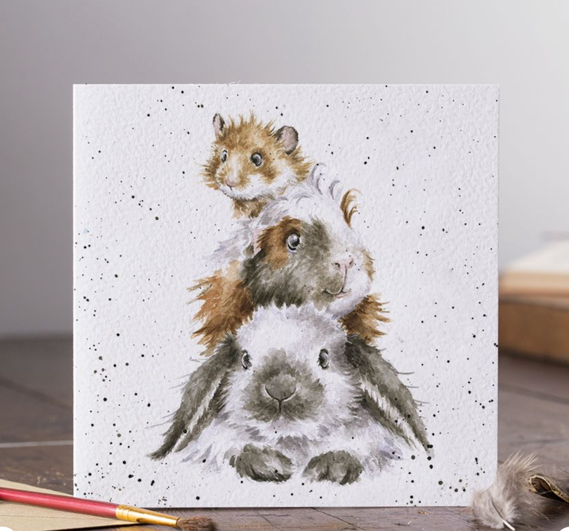'Piggy in the Middle' Guinea Pig & Rabbit Blank Card - Wrendale Designs