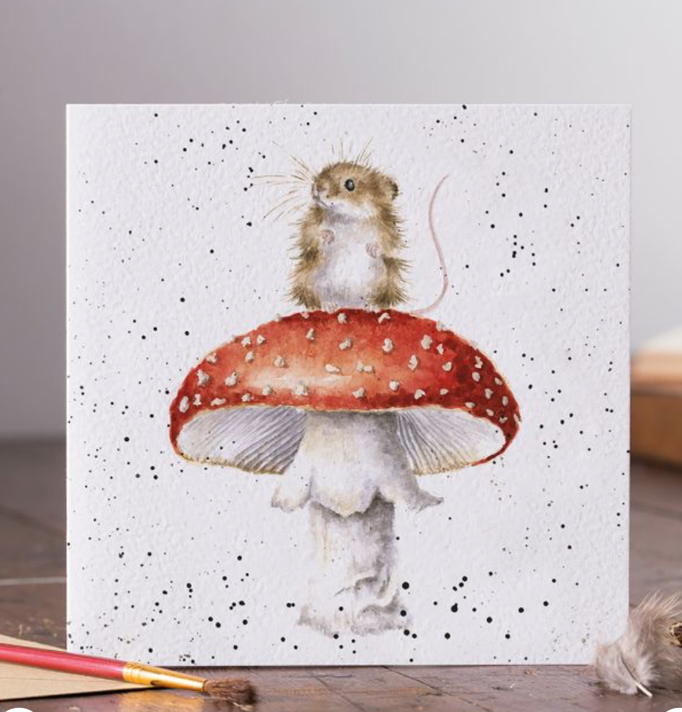 'He's a Fun-Gi' Mouse Sitting on Toadstool Blank Card - Wrendale Designs