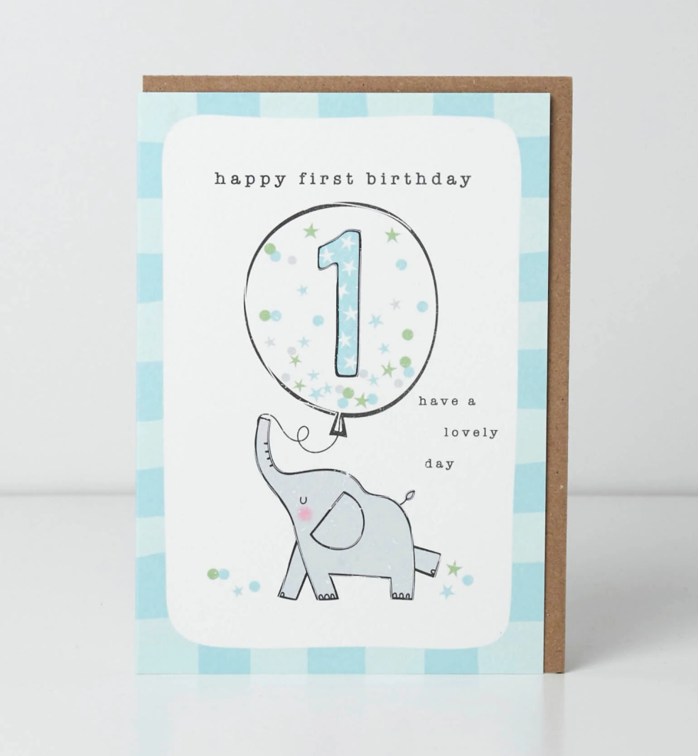 Belly Button Elephant Happy 1st Birthday Card - Blue