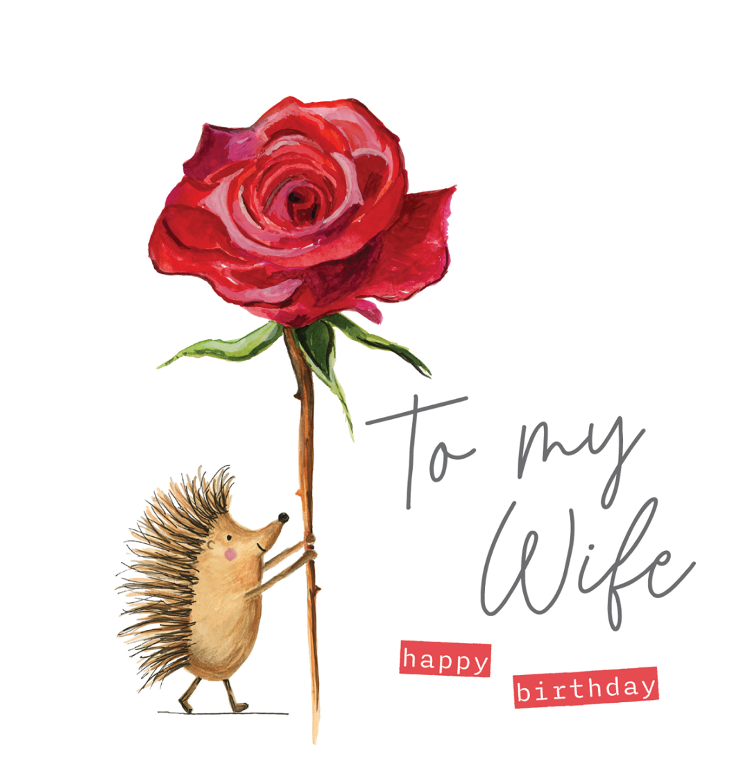 Janie Wilson - Wife Happy Birthday Hedgehog & Red Rose SMALL Card