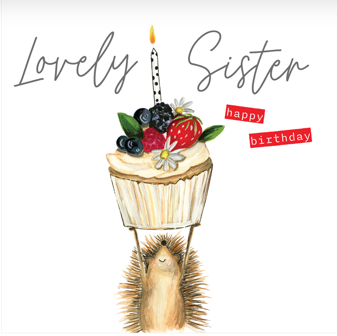 Janie Wilson - Lovely Sister Happy Birthday Hedgehog & Cupcake SMALL Card