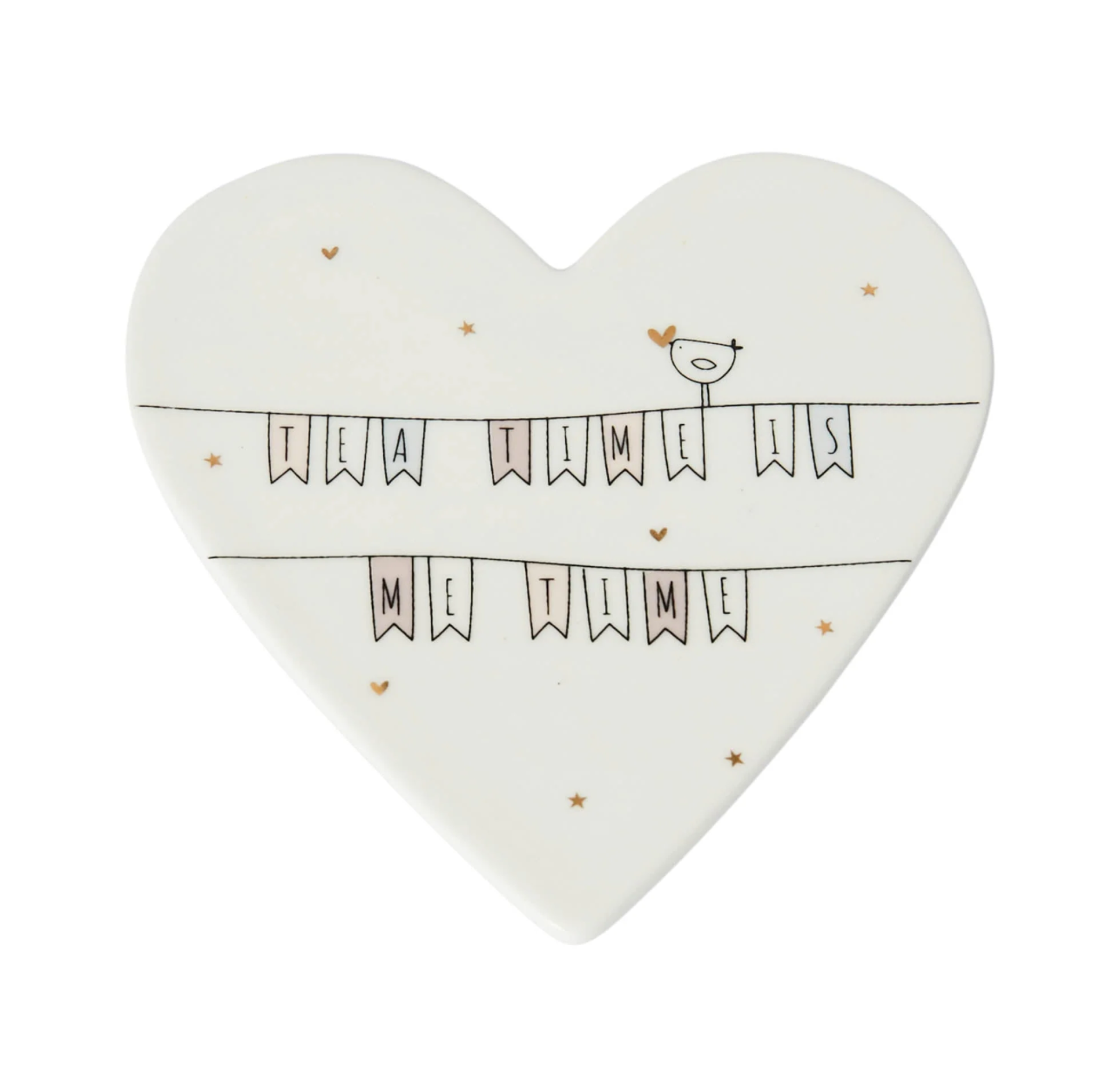 Signature Porcelain Heart Coaster -Tea Time Is me Time Bunting- Belly Button