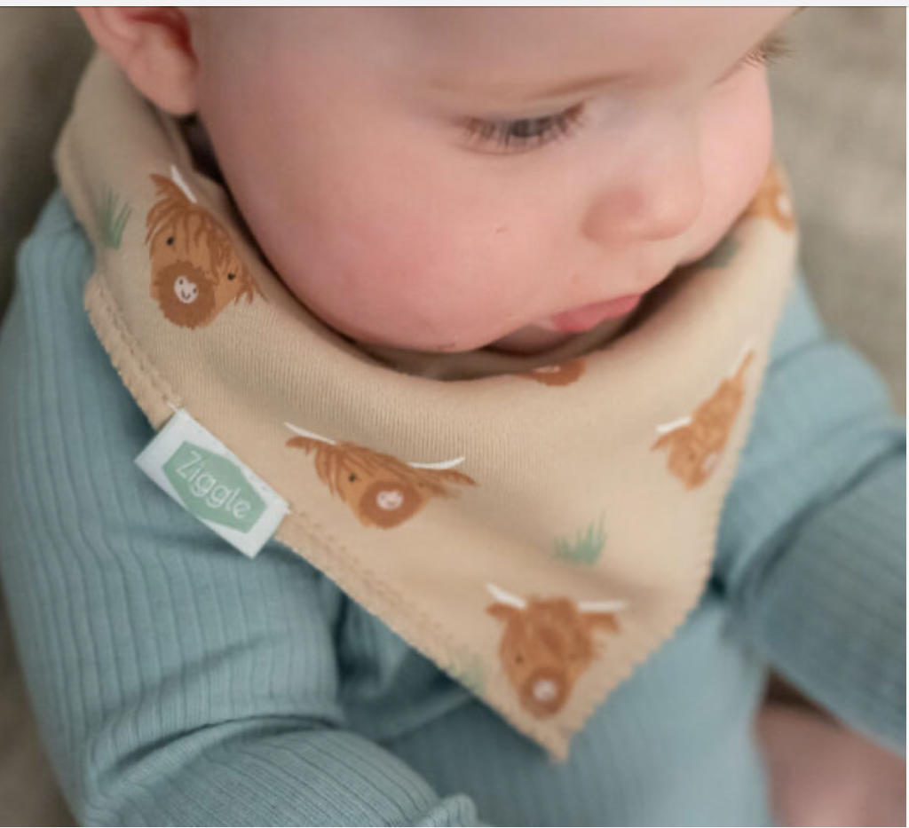 Ziggle Highland Cow Print Dribble Bib - Beige