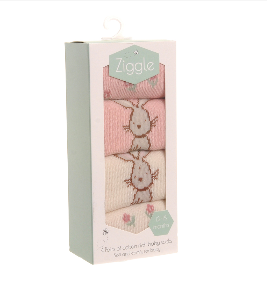 Ziggle Bunnies & Flowers Boxed Sock Set - 0-6 Months- Set of 4
