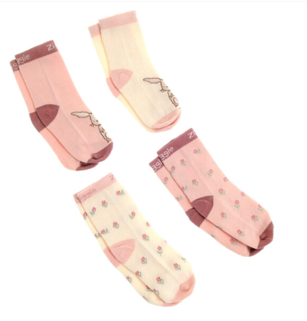 Ziggle Bunnies & Flowers Boxed Sock Set - 0-6 Months- Set of 4