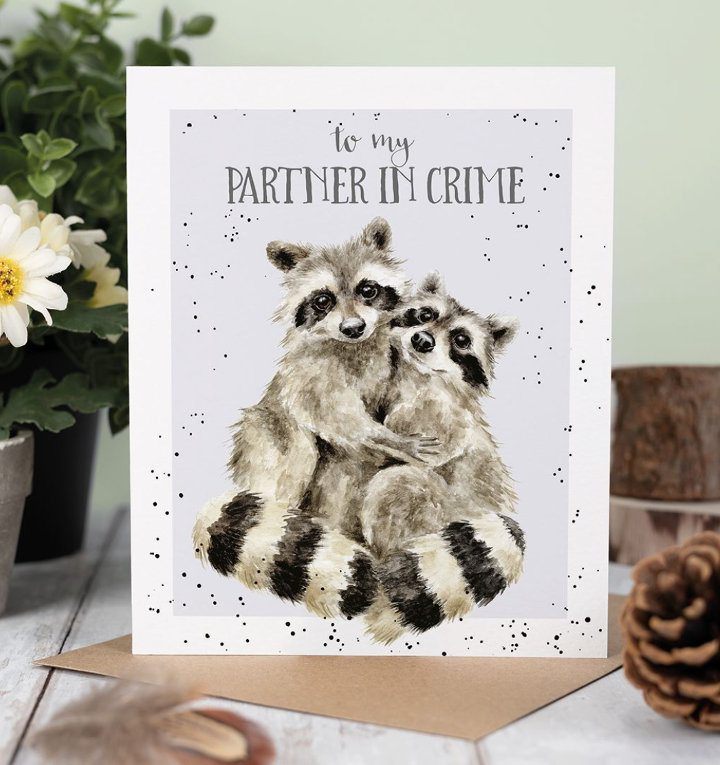 'Partners in Crime' Racoon Blank Card - Wrendale Designs