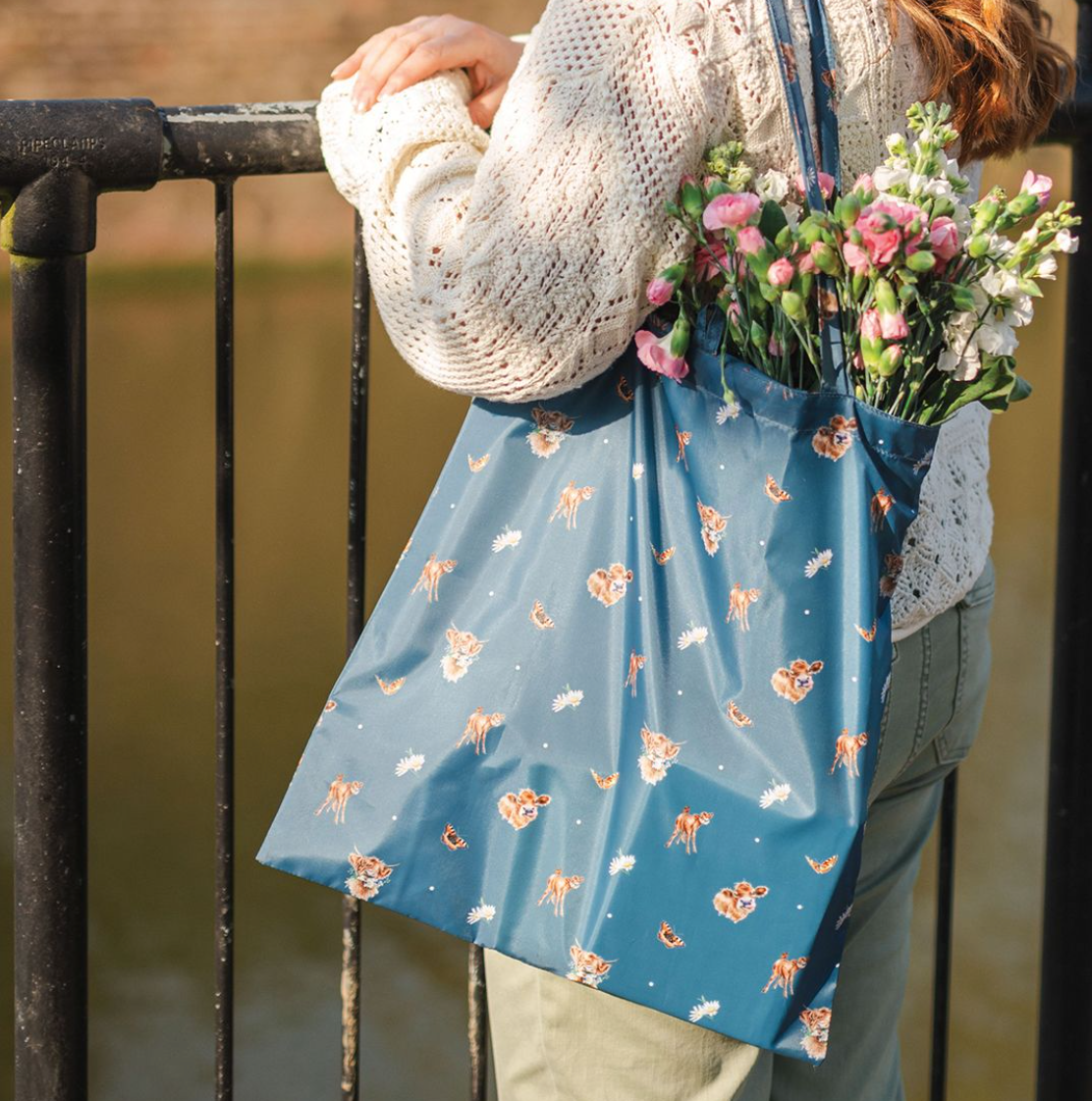 'Farmyard Friends' Cows Blue Fold Up Shopping Bag - Wrendale Designs