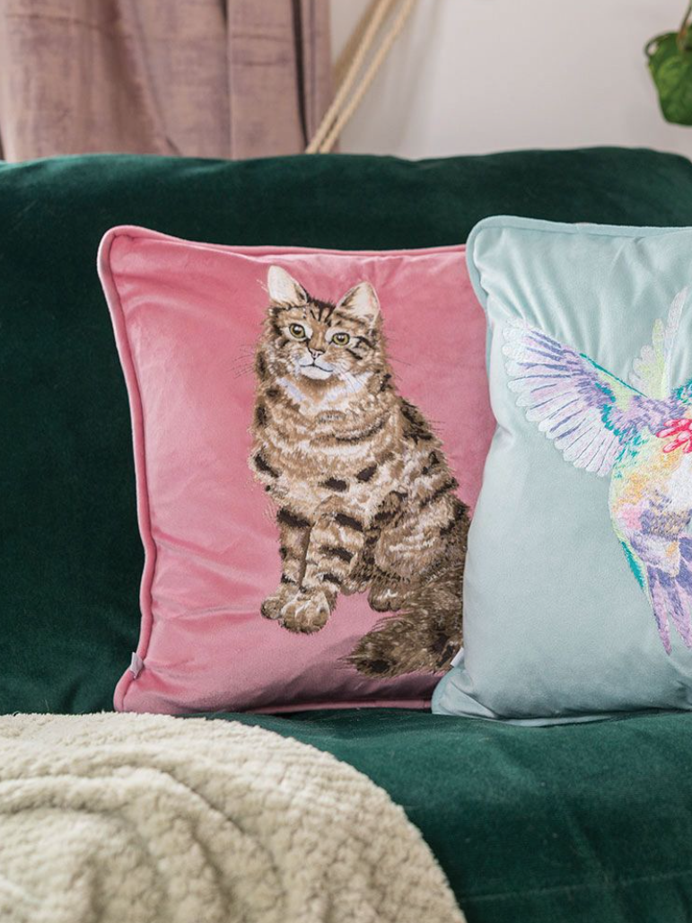 'Feline Fabulous' Cat Embroidered Cushion Pink - Wrendale Designs