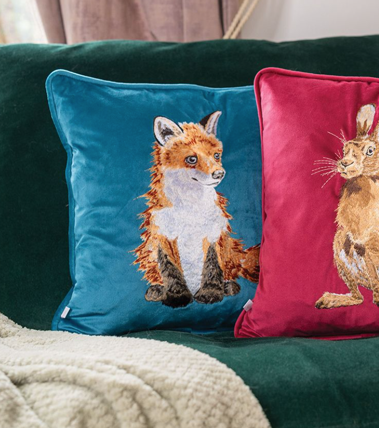'Daydreamer' Fox Embroidered Cushion Teal - Wrendale Designs