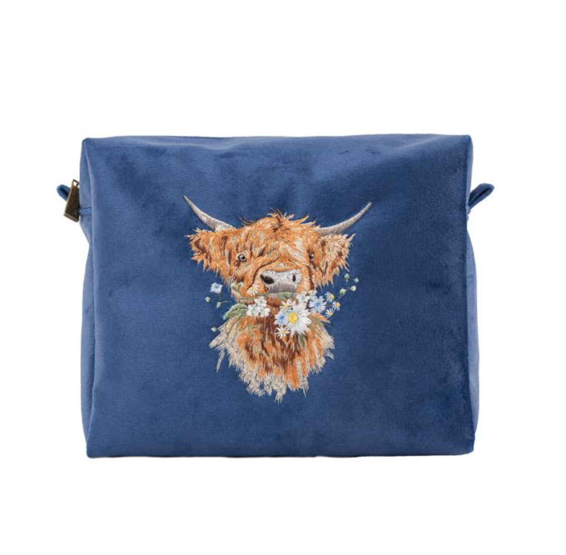 Wrendale Designs - Highland Cow - Velvet Embroidered Cosmetic Bag - Navy