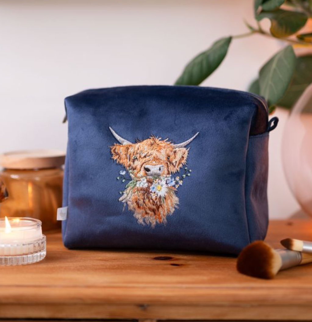 Wrendale Designs - Highland Cow - Velvet Embroidered Cosmetic Bag - Navy