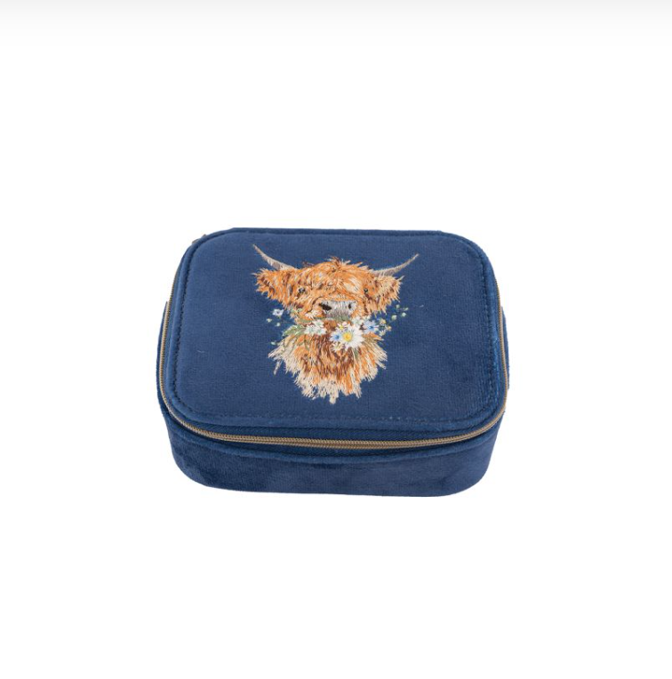 Wrendale Designs - Highland Cow - Velvet Accessories Case/Jewellery Box - Navy