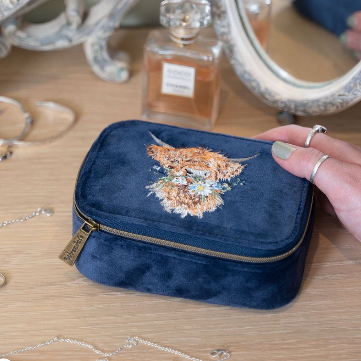 Wrendale Designs - Highland Cow - Velvet Accessories Case/Jewellery Box - Navy