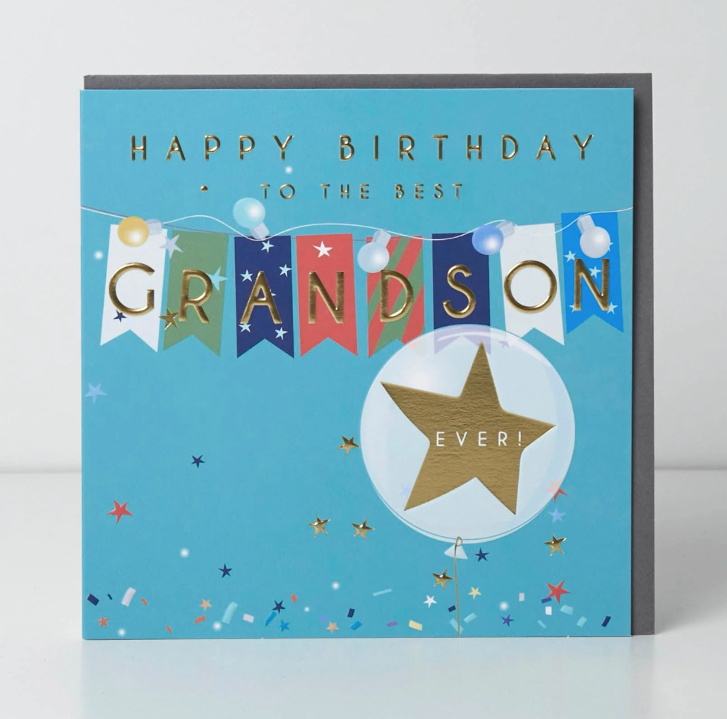 Belly Button Happy Birthday Best Grandson Ever Flags & Balloon Blue Card