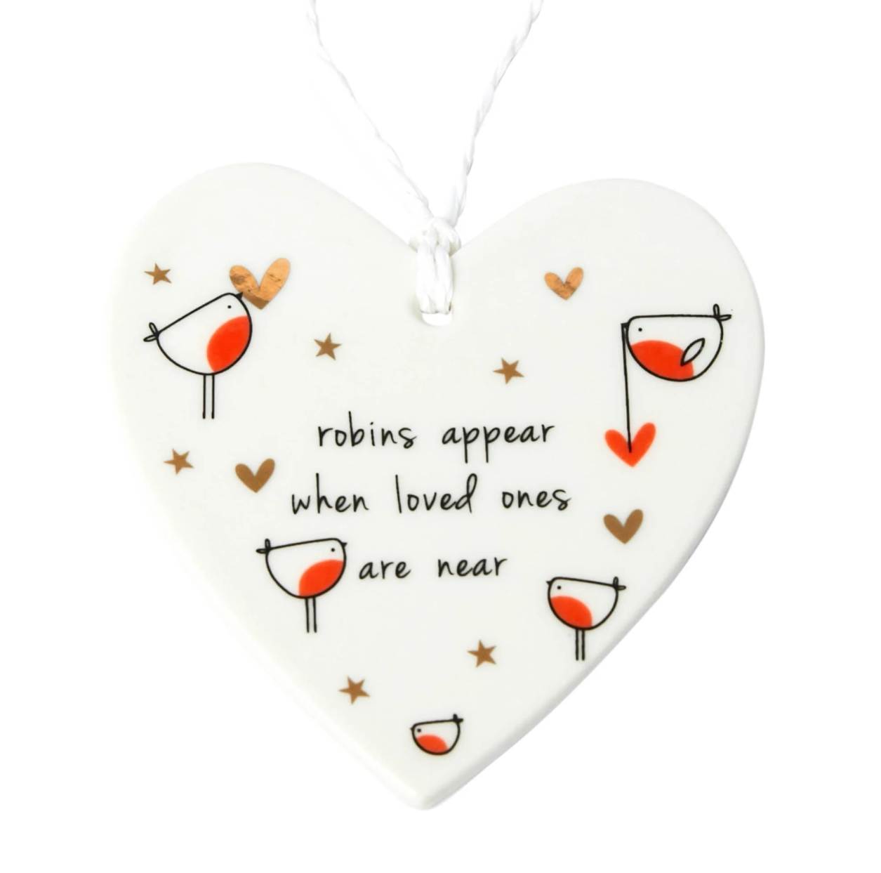 Belly Button Hanging Porcelain Heart - Robins Appear When Loved Ones Are Near