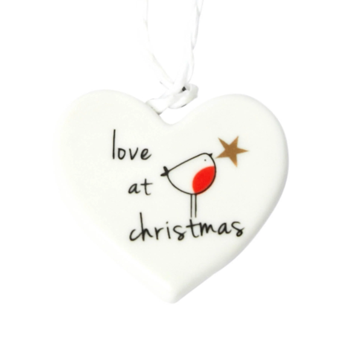 Belly Button - With Love at Christmas Robin - Mini Hanging Porcelain Heart Decoration
