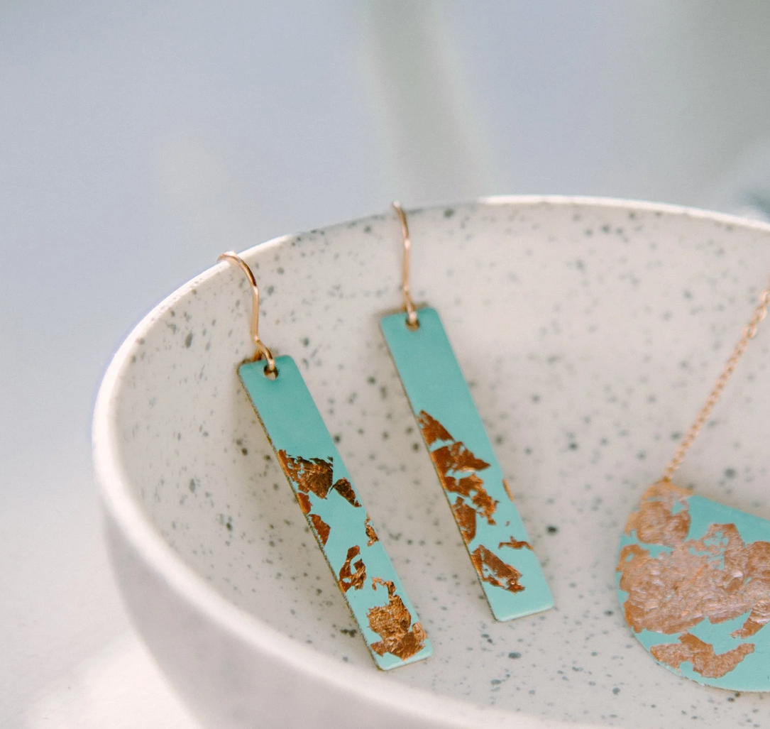 Copper Bee - Copper Glow & Enamel Slim Bar Earrings - Turquoise/Gold