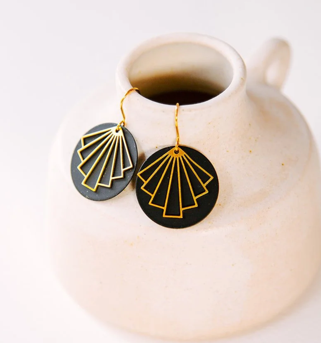 Copper Bee - Colour Disc & Brass Deco Fan Earrings - Navy/Gold