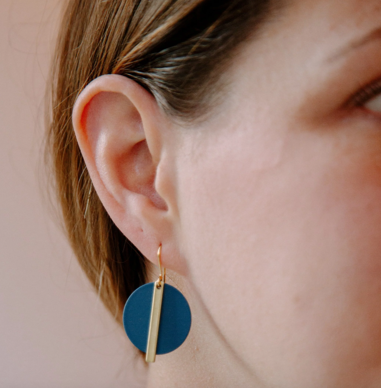 Copper Bee - Colour Disc & Geometric Gold Bar Earrings - Teal Blue/Gold