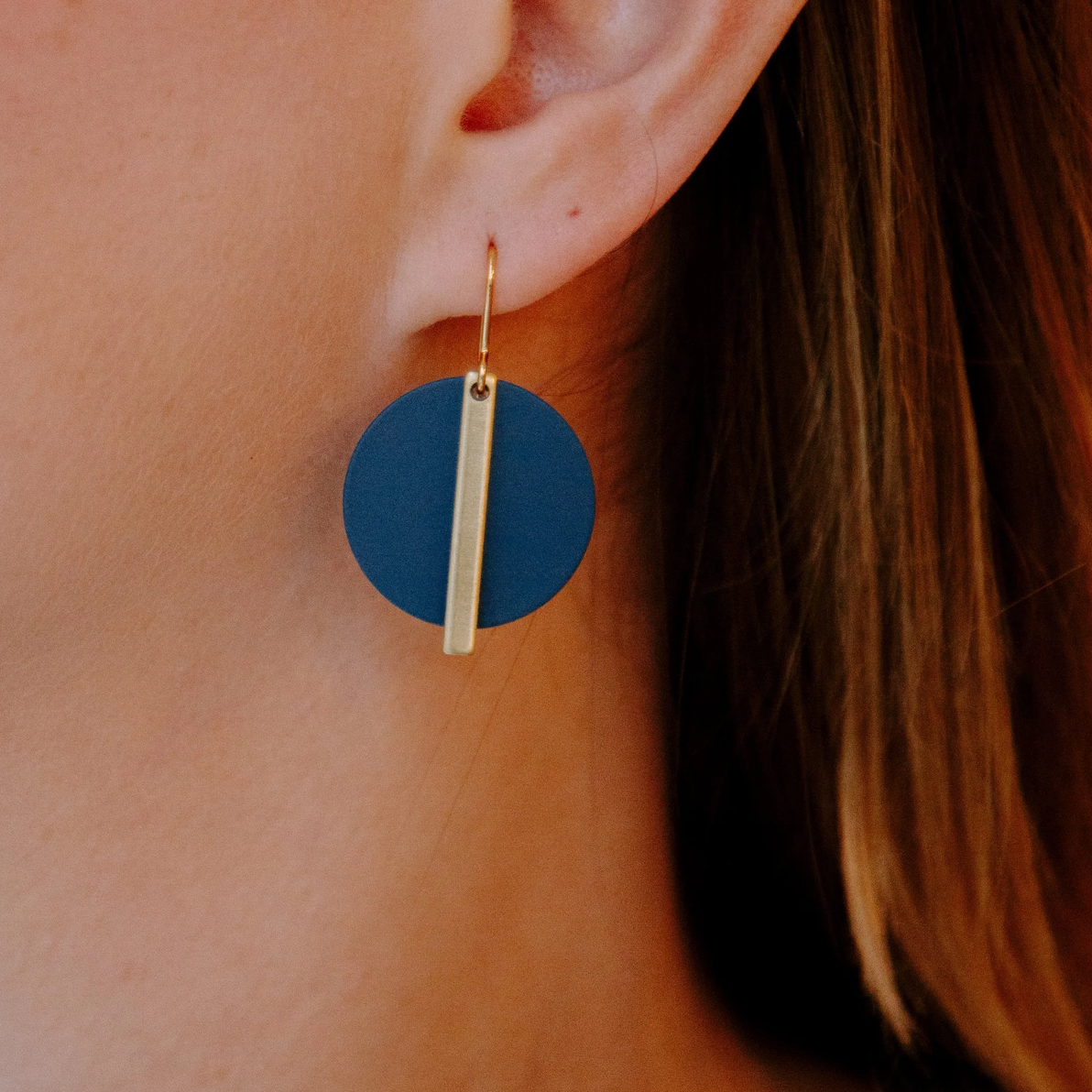 Copper Bee - Colour Disc & Geometric Gold Bar Earrings - Teal Blue/Gold
