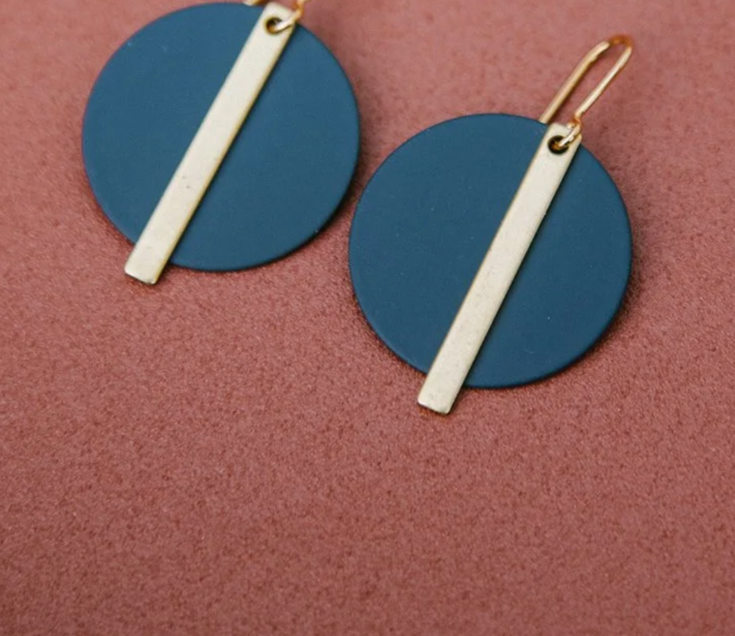 Copper Bee - Colour Disc & Geometric Gold Bar Earrings - Teal Blue/Gold