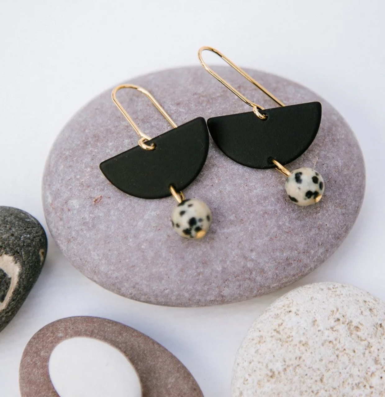 Copper Bee - Dalmatian Jasper & Colour Semi Circle Drop Earrings - Black/Gold